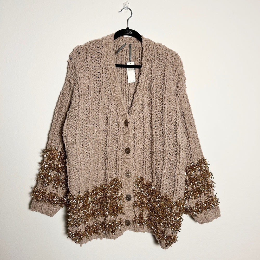 Anthropologie Tan Wool Blend Metallic Tinsel Fringe Cardigan Sweater Women S NWT